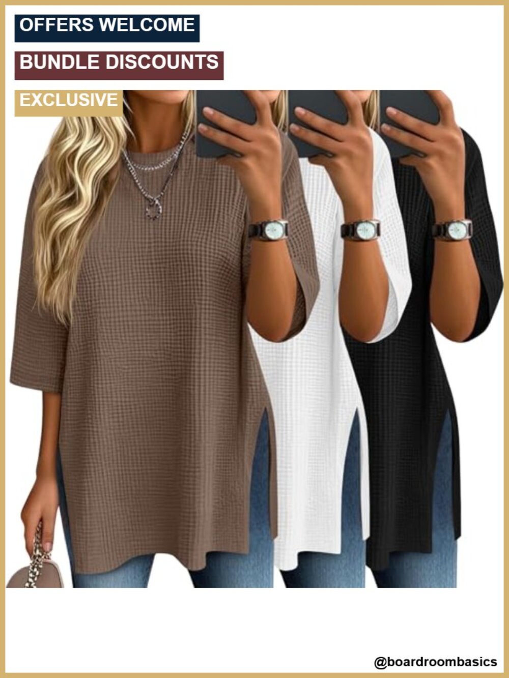 Waffle Knit 3/4 Sleeve Tops Womens Loose Fit Crew Neck Shirts 3 Pack